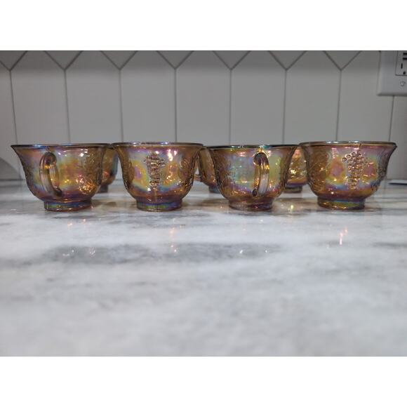 Harvest Grape Carnival Glass Punch Cups, Set of 9 Vintage Indiana Marigold Cups - Picture 7 of 11